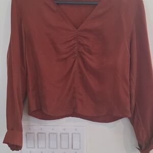 Madewell rust ruched v-neck long sleeve top nwot